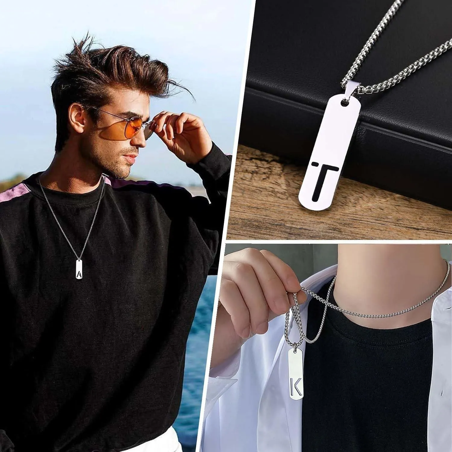    , Silver Initial Pendant Necklaces for Men Gifts for Boyfriend Him Teenage Brother Jewelry