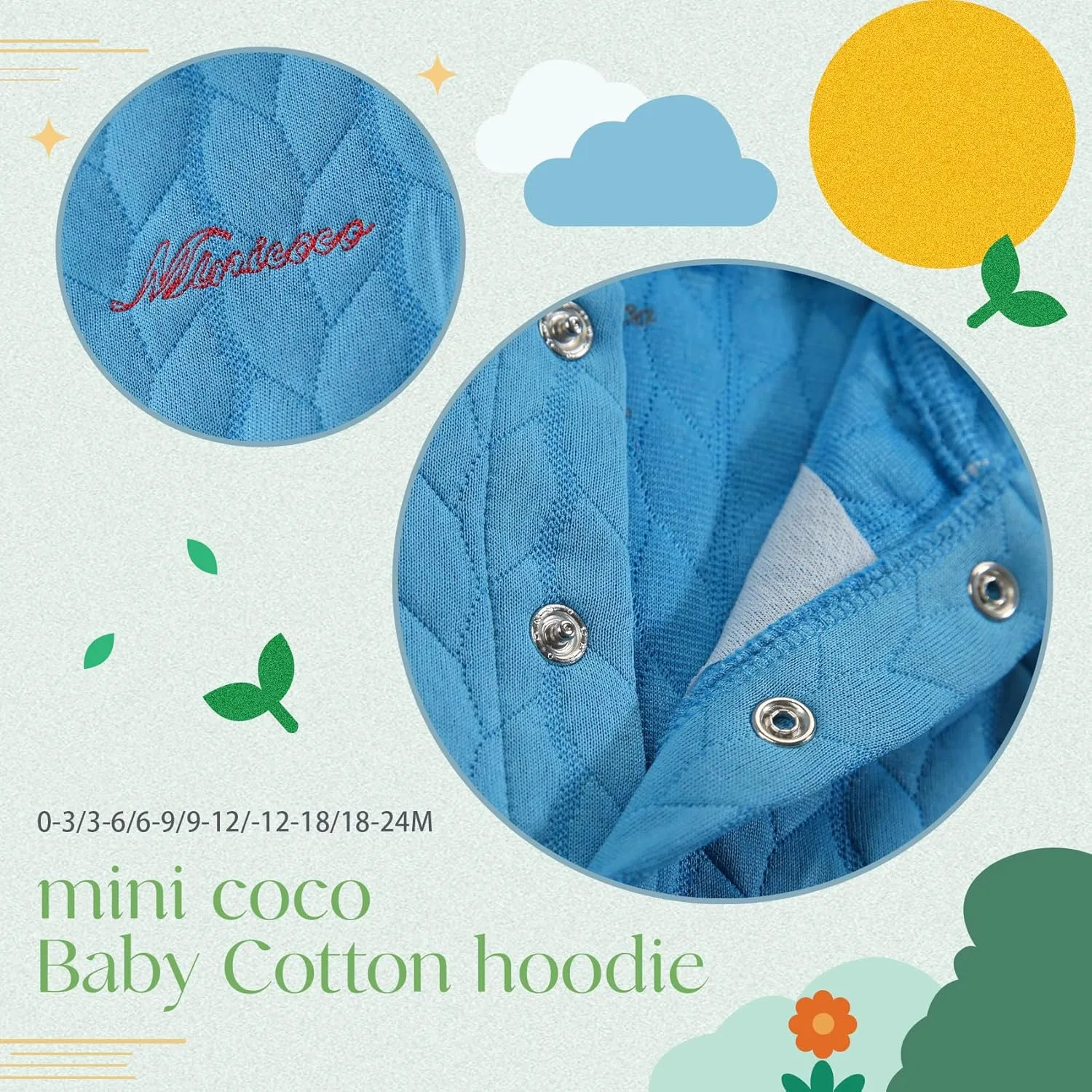 100% Cotton Baby Fall Hoodies Jacket, Comfortable Soft and Warm Baby Spring Jacket,0-24Months Solid-Coloured Coat