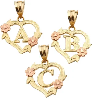 10K Yellow Gold Alphabet Initial Charm Necklace Pendant with Beautiful Heart and Rose Border