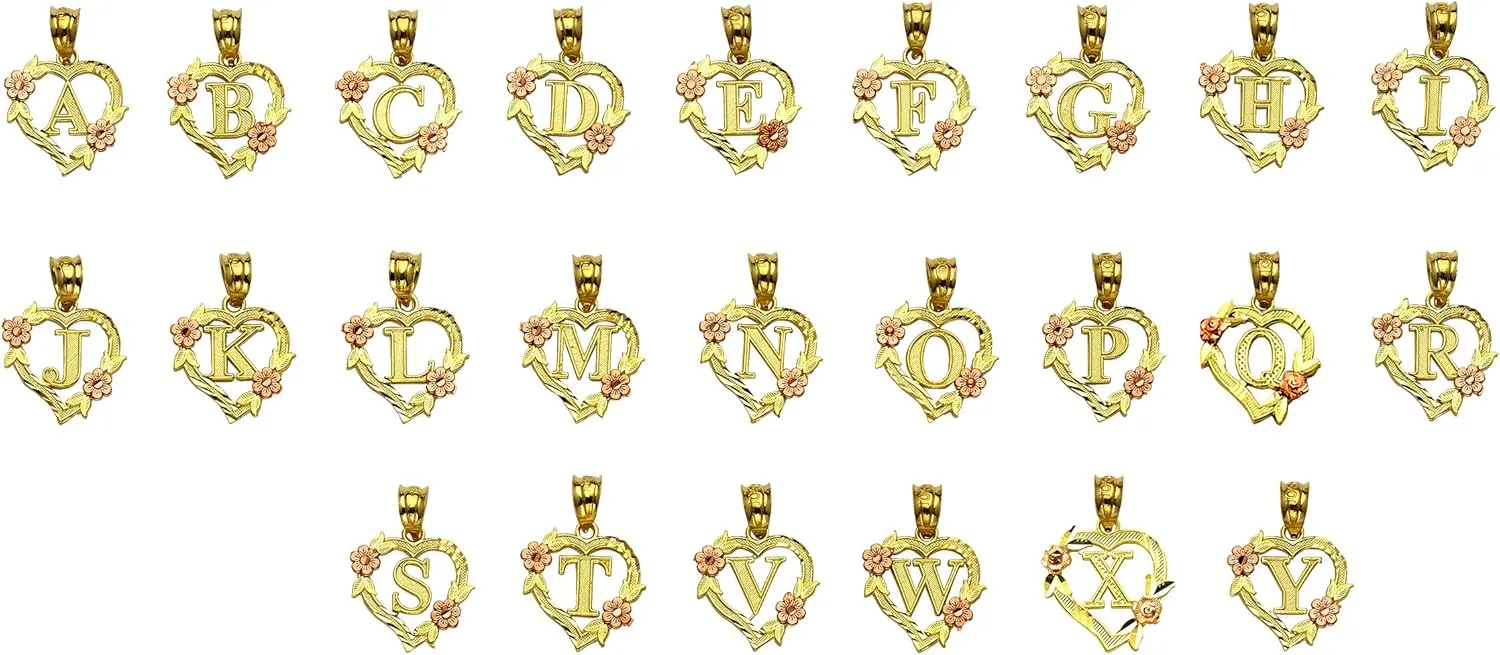 10K Yellow Gold Alphabet Initial Charm Necklace Pendant with Beautiful Heart and Rose Border