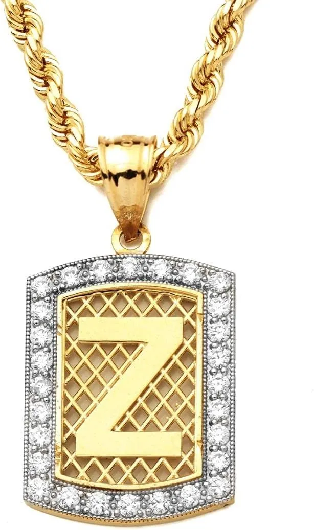 10K Yellow Gold Dog Tag Initials Charm Pendant w/CZ Border (Available from A-Z)