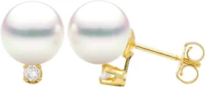 14K Gold 7.5-8mm White Akoya Saltwater Cultured Pearl Diamond Stud Earrings AAAA Quality