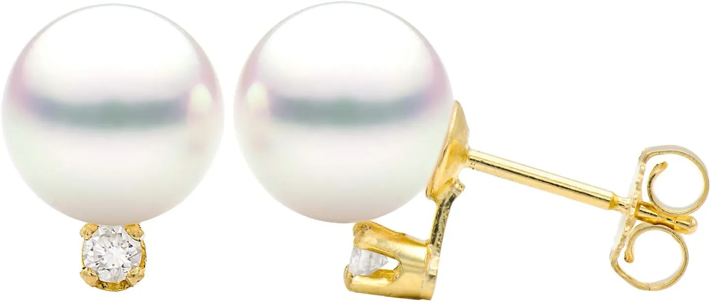 14K Gold 7.5-8mm White Akoya Saltwater Cultured Pearl Diamond Stud Earrings AAAA Quality