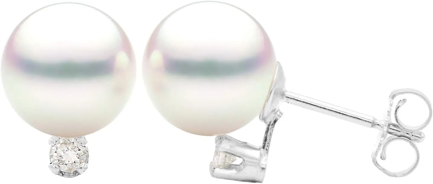 14K Gold 8-8.5mm White Akoya Saltwater Cultured Pearl Diamond Stud Earrings AAAA Quality