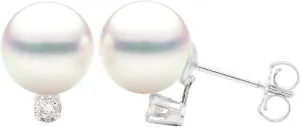 14K Gold 8-8.5mm White Akoya Saltwater Cultured Pearl Diamond Stud Earrings AAAA Quality