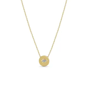 14k Marquise Diamond Small Disc Pendant Necklace