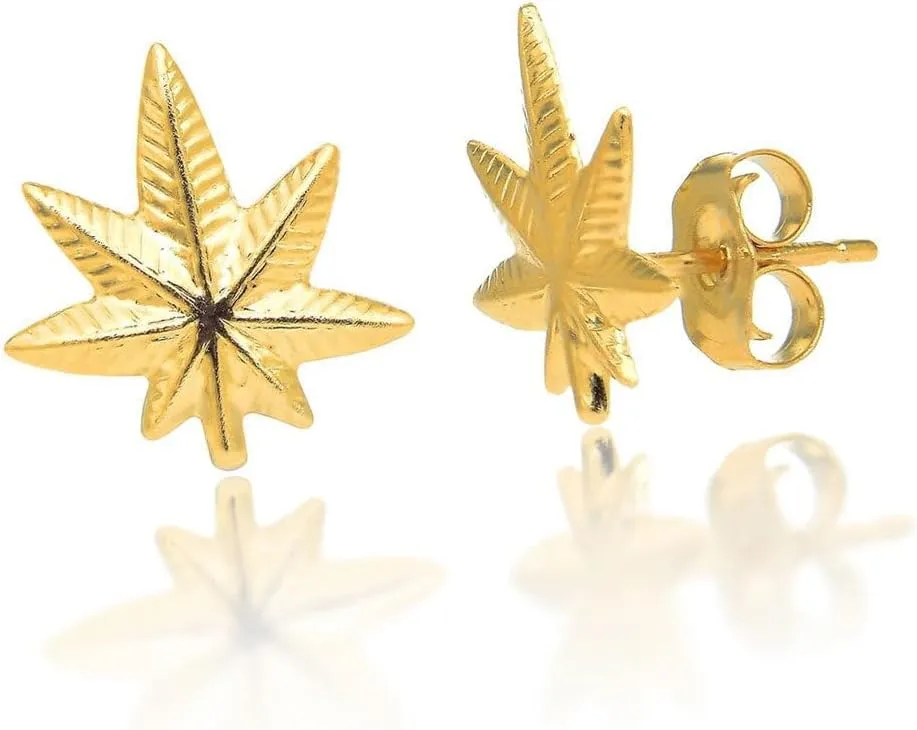 14K Solid Yellow Gold Weed Pot Leaf Earrings Small