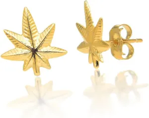 14K Solid Yellow Gold Weed Pot Leaf Earrings Small