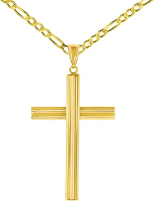 14K Yellow Gold Plain Religious Cross Pendant with Cable, Curb, or Figaro Chain Necklaces