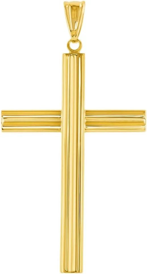 14K Yellow Gold Plain Religious Cross Pendant with Cable, Curb, or Figaro Chain Necklaces