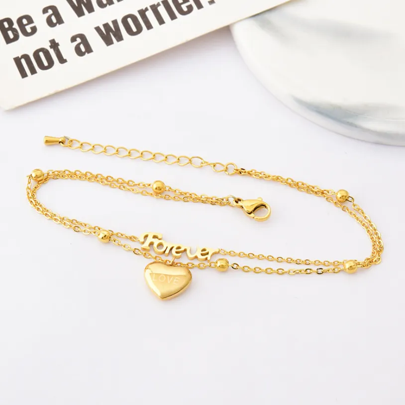 2 Layers Beaded Forever Love Heart Charm Chain Anklet For Women