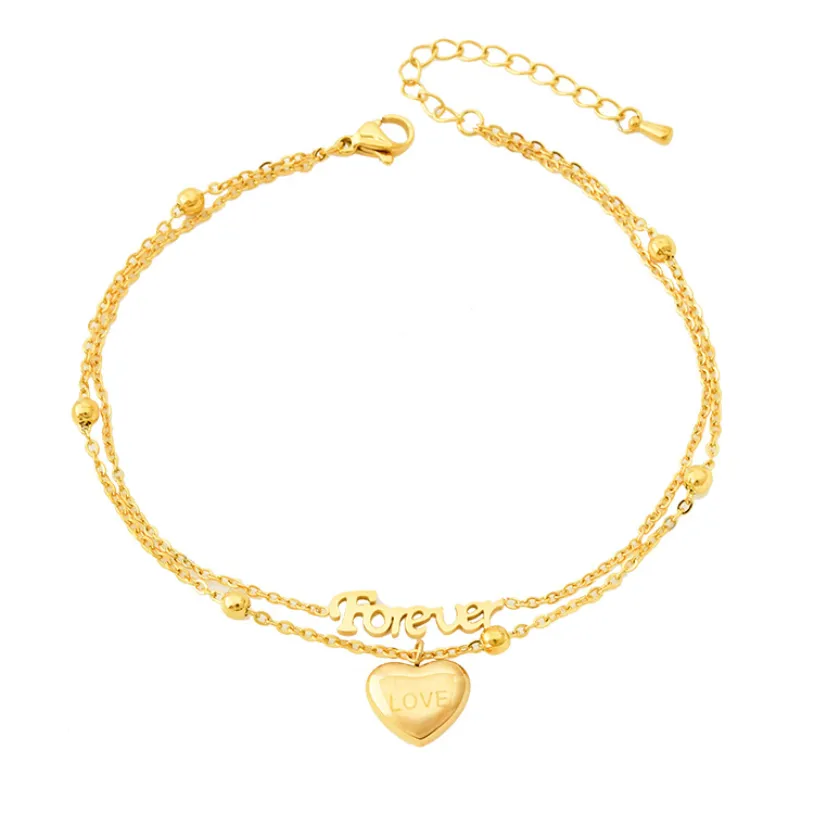 2 Layers Beaded Forever Love Heart Charm Chain Anklet For Women