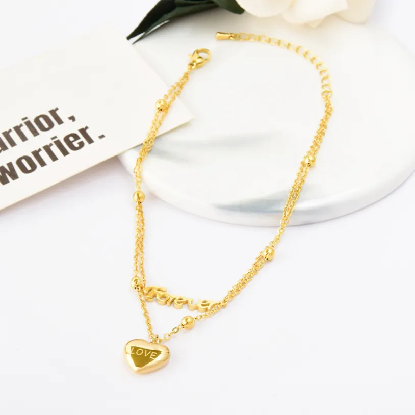 2 Layers Beaded Forever Love Heart Charm Chain Anklet For Women
