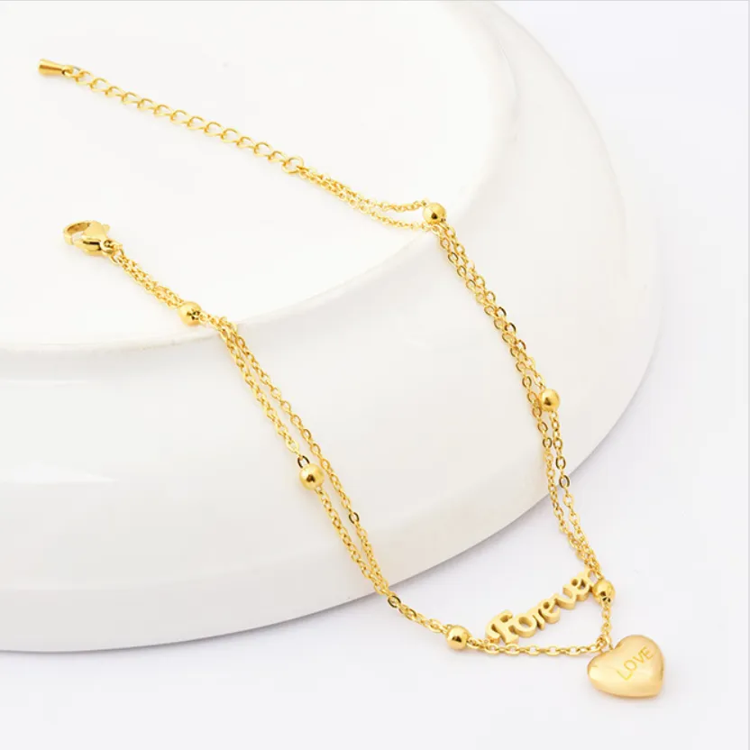 2 Layers Beaded Forever Love Heart Charm Chain Anklet For Women