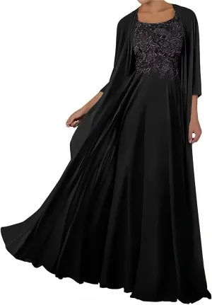 2 Piece Mother of The Bride Dresses with Jacket Long Chiffon Lace Mother of Groom Dresses for Wedding 3/4 Sleeve