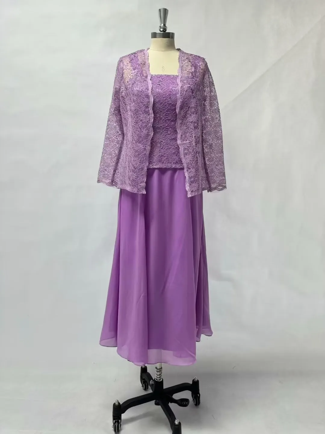 2-Pieces Mother of Bride Dresses with Jacket 2-Pieces Mother of The Groom Dress Tea Length Chiffon Formal Evening Gowns
