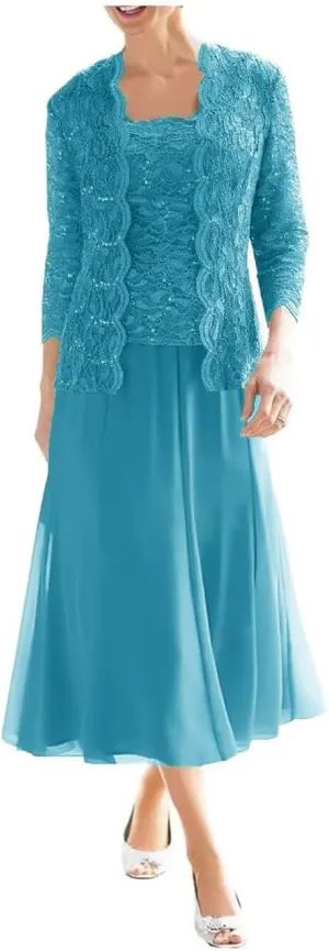 2-Pieces Mother of Bride Dresses with Jacket 2-Pieces Mother of The Groom Dress Tea Length Chiffon Formal Evening Gowns