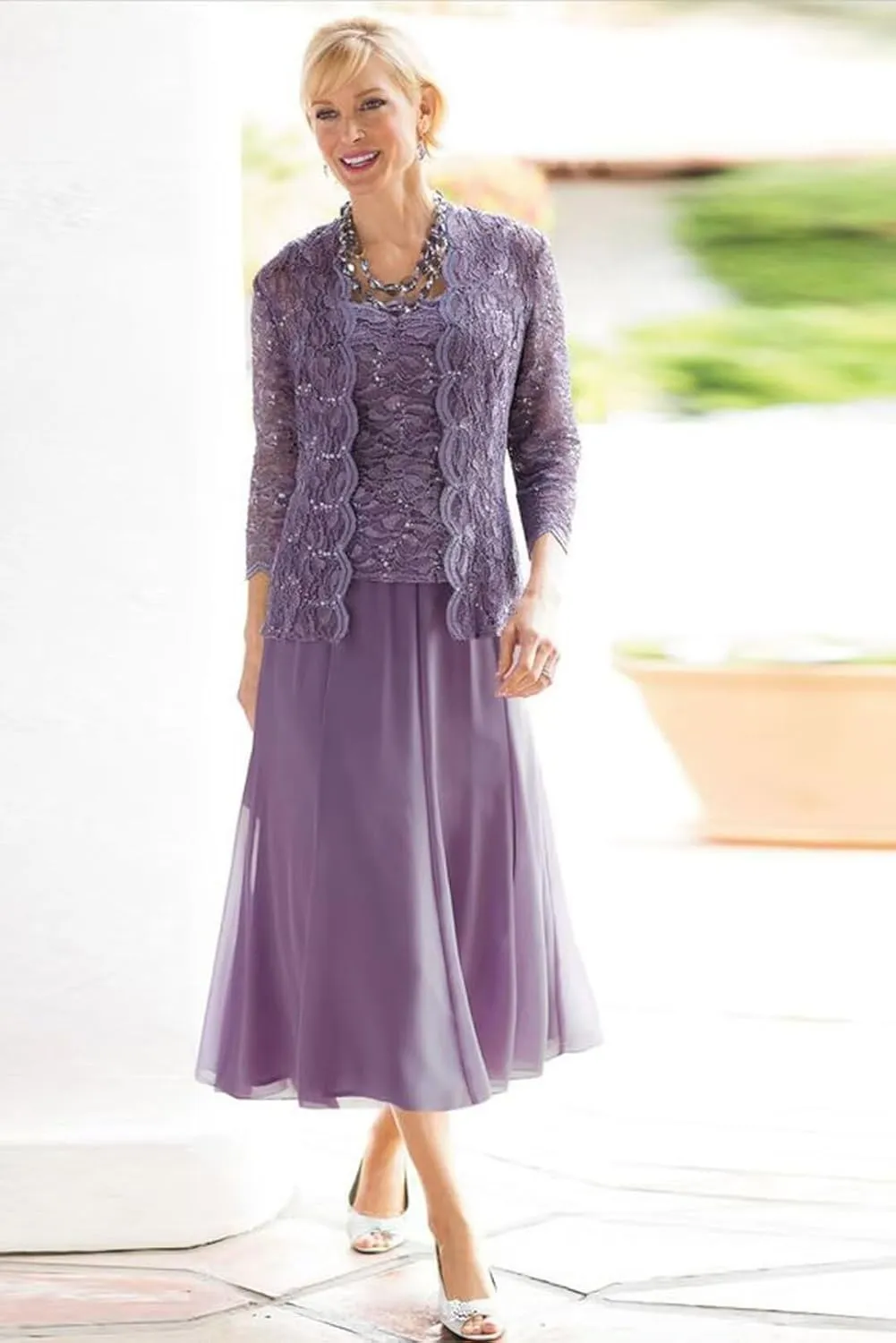 2-Pieces Mother of Bride Dresses with Jacket 2-Pieces Mother of The Groom Dress Tea Length Chiffon Formal Evening Gowns