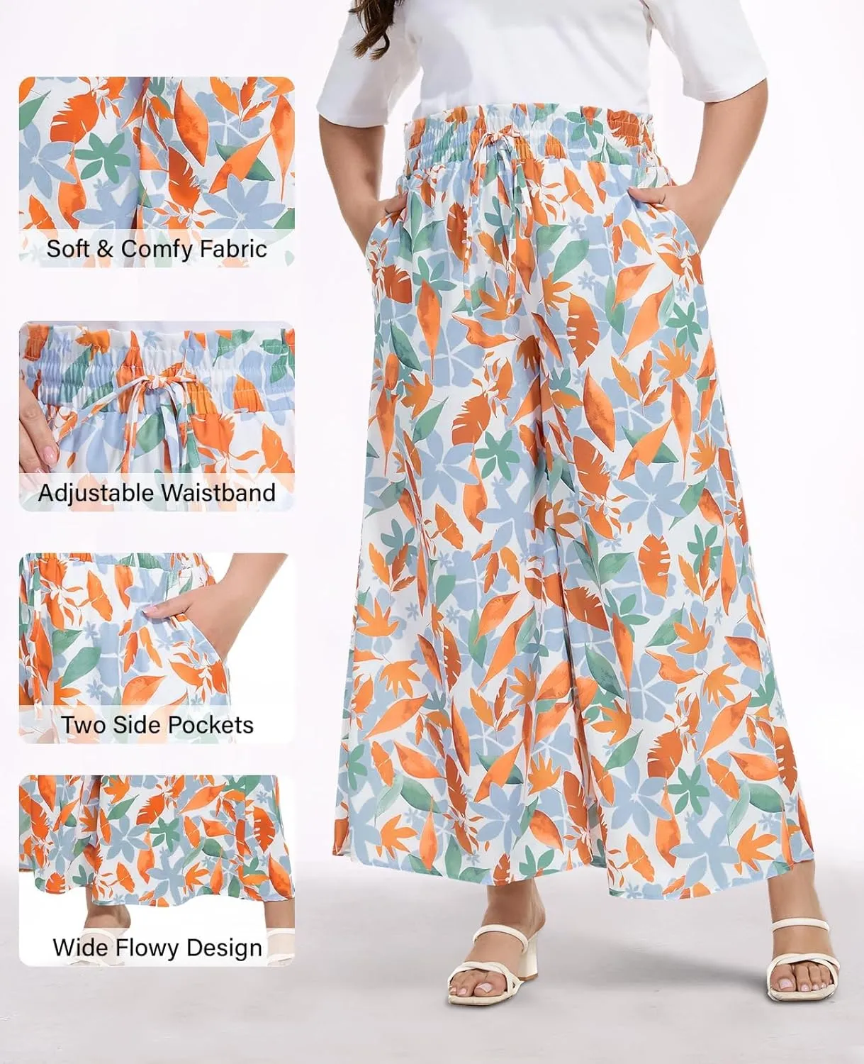2025 Plus Size Wide Leg Pants Woman Printed Flowy Pants with Pockets Casual Summer Pants Floral Beach Trousers