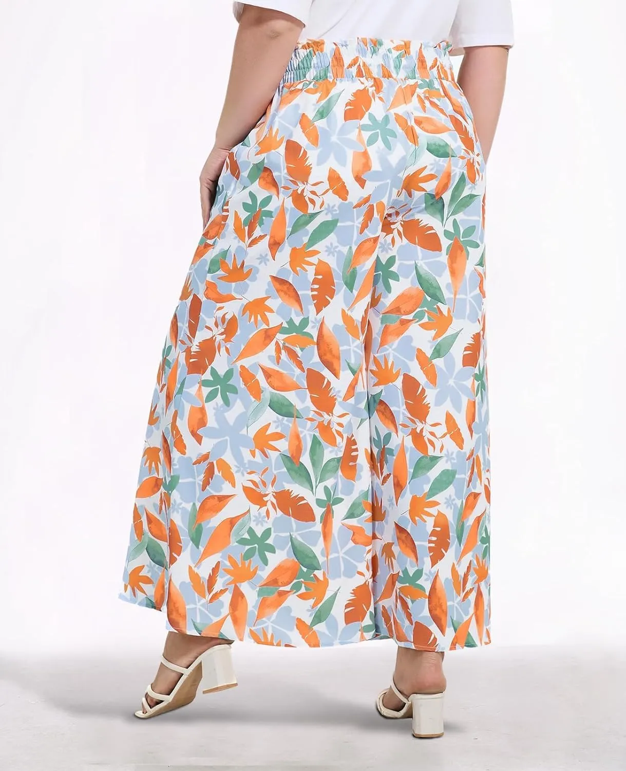 2025 Plus Size Wide Leg Pants Woman Printed Flowy Pants with Pockets Casual Summer Pants Floral Beach Trousers