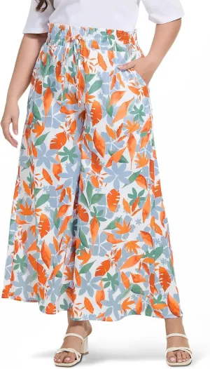 2025 Plus Size Wide Leg Pants Woman Printed Flowy Pants with Pockets Casual Summer Pants Floral Beach Trousers