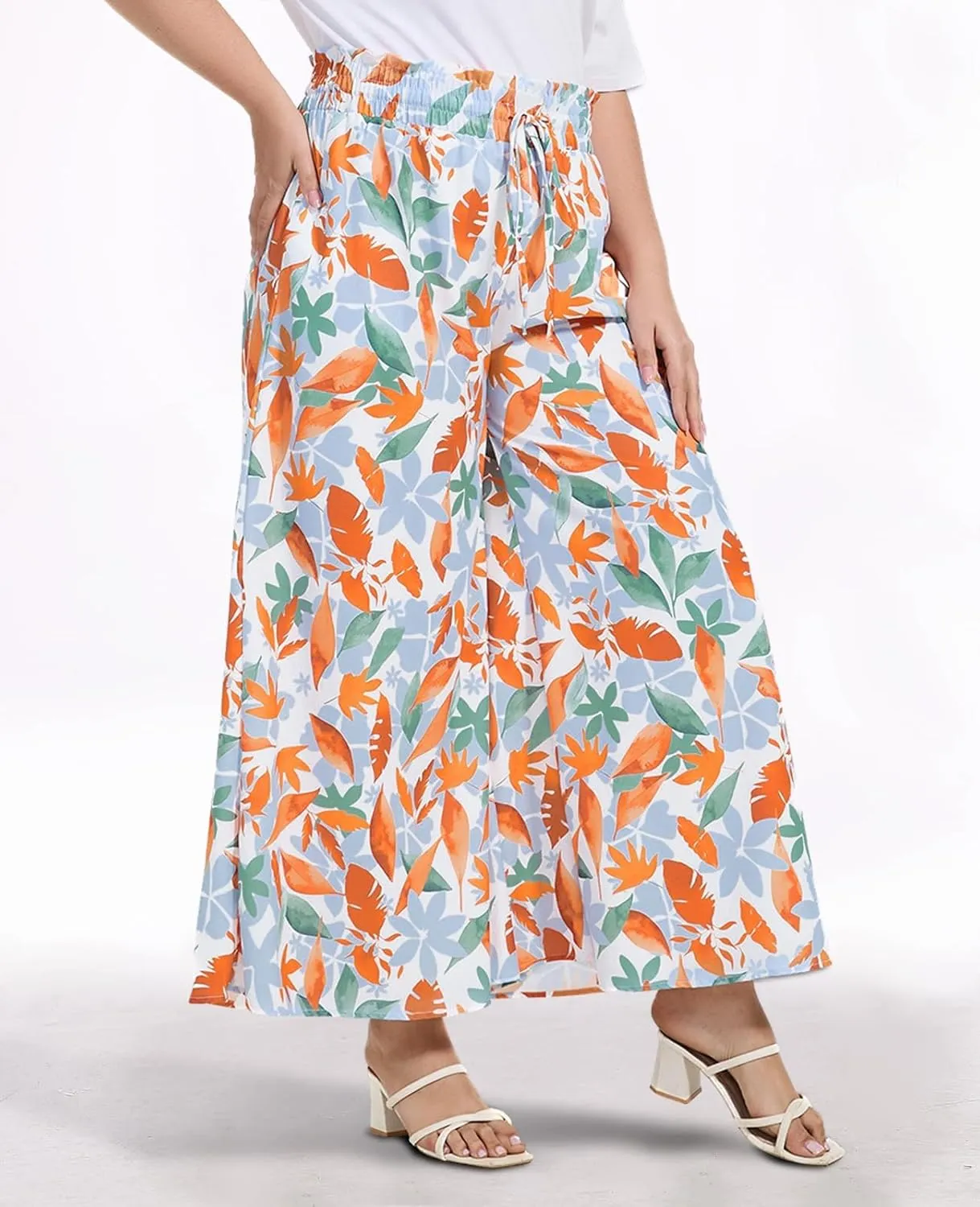 2025 Plus Size Wide Leg Pants Woman Printed Flowy Pants with Pockets Casual Summer Pants Floral Beach Trousers