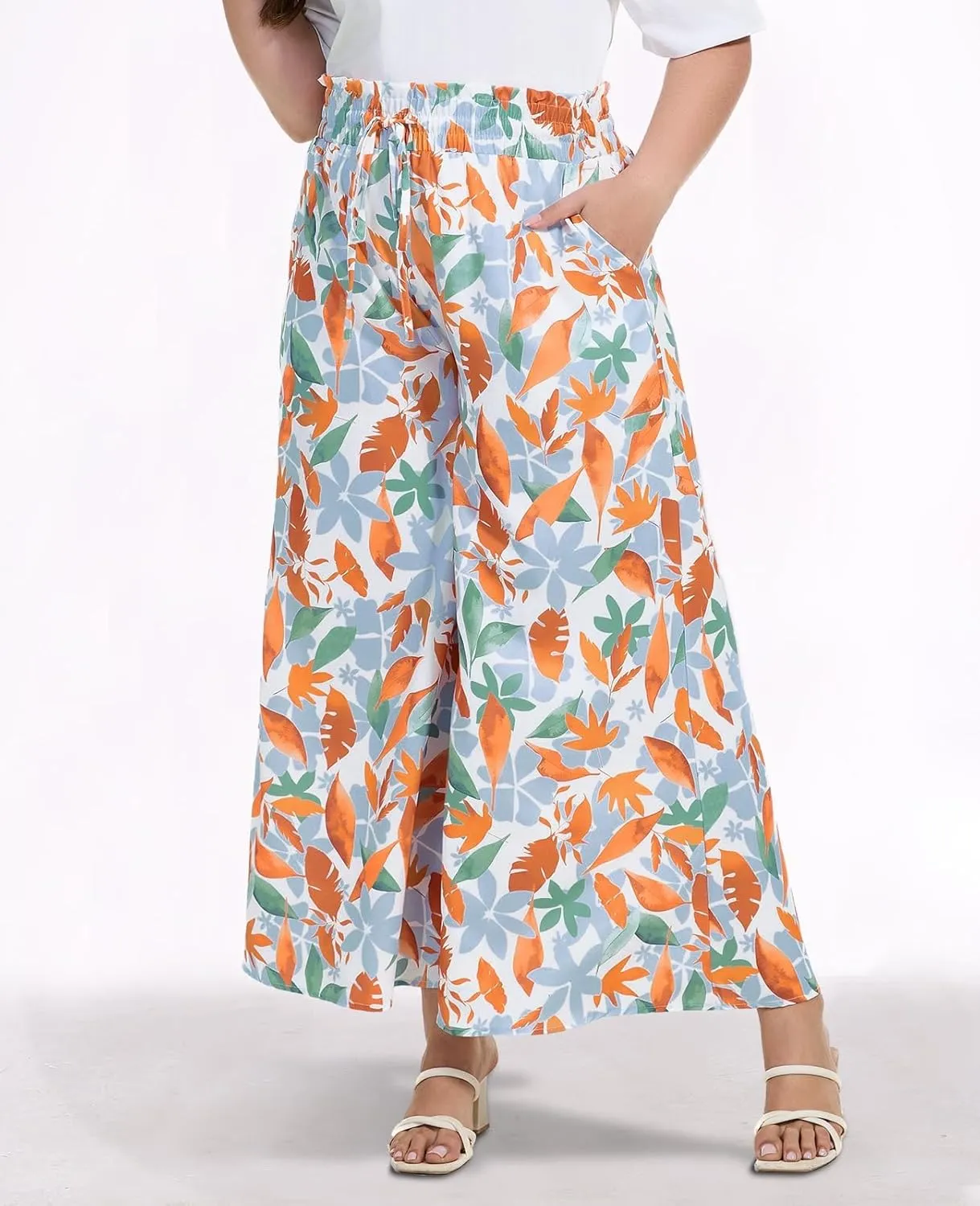 2025 Plus Size Wide Leg Pants Woman Printed Flowy Pants with Pockets Casual Summer Pants Floral Beach Trousers