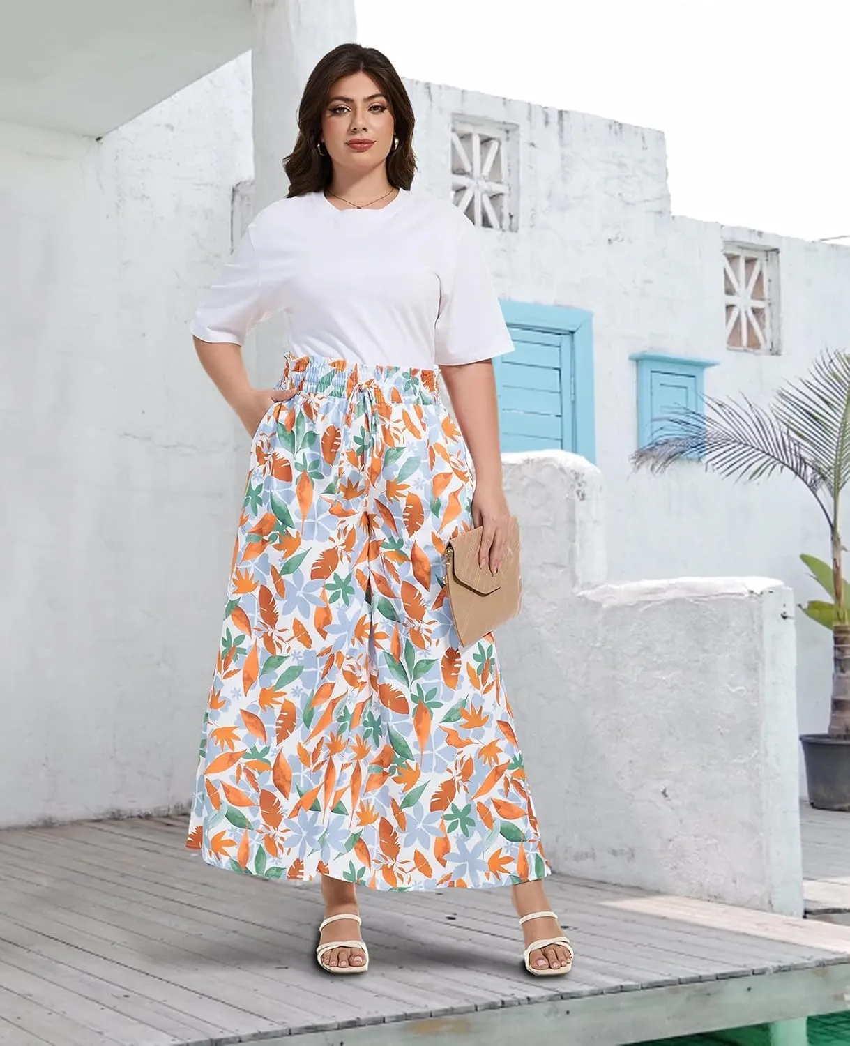 2025 Plus Size Wide Leg Pants Woman Printed Flowy Pants with Pockets Casual Summer Pants Floral Beach Trousers