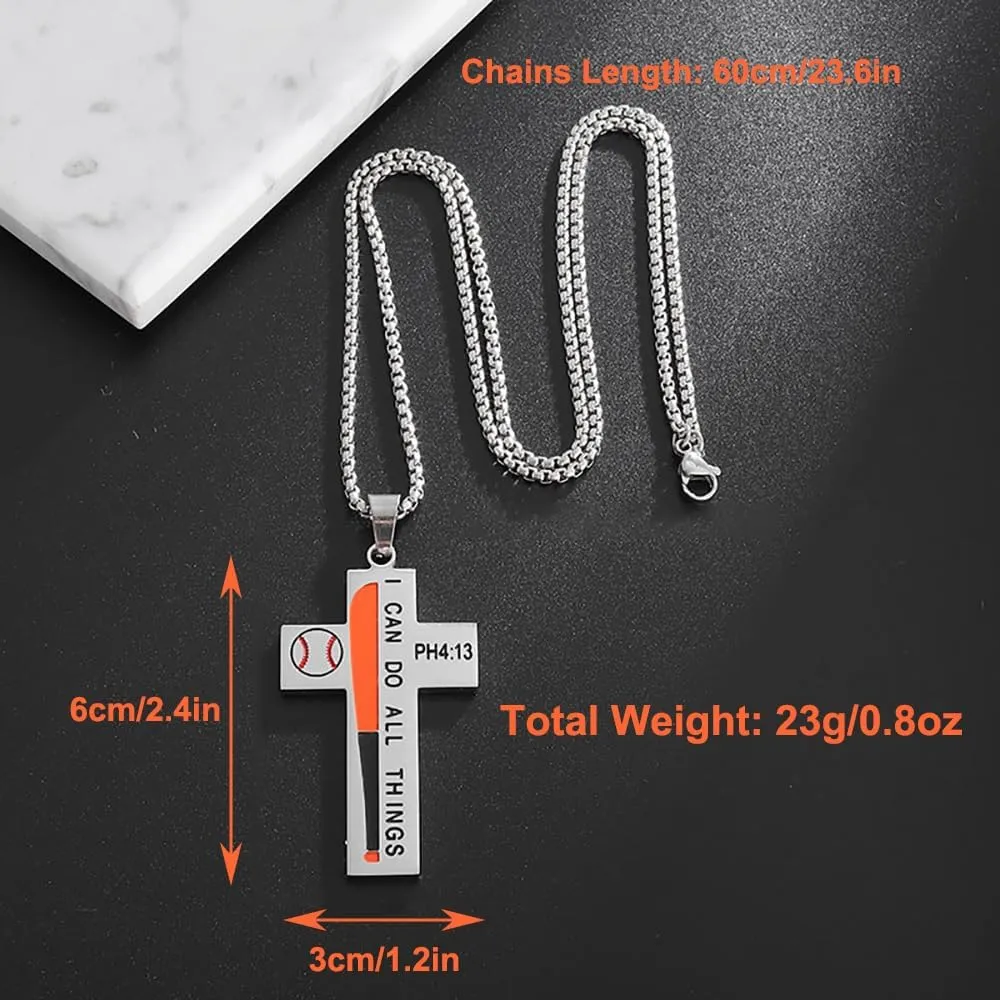 24in Titanium Steel Cross Necklace for Men, Sport Style Baseball Necklaces for Adults