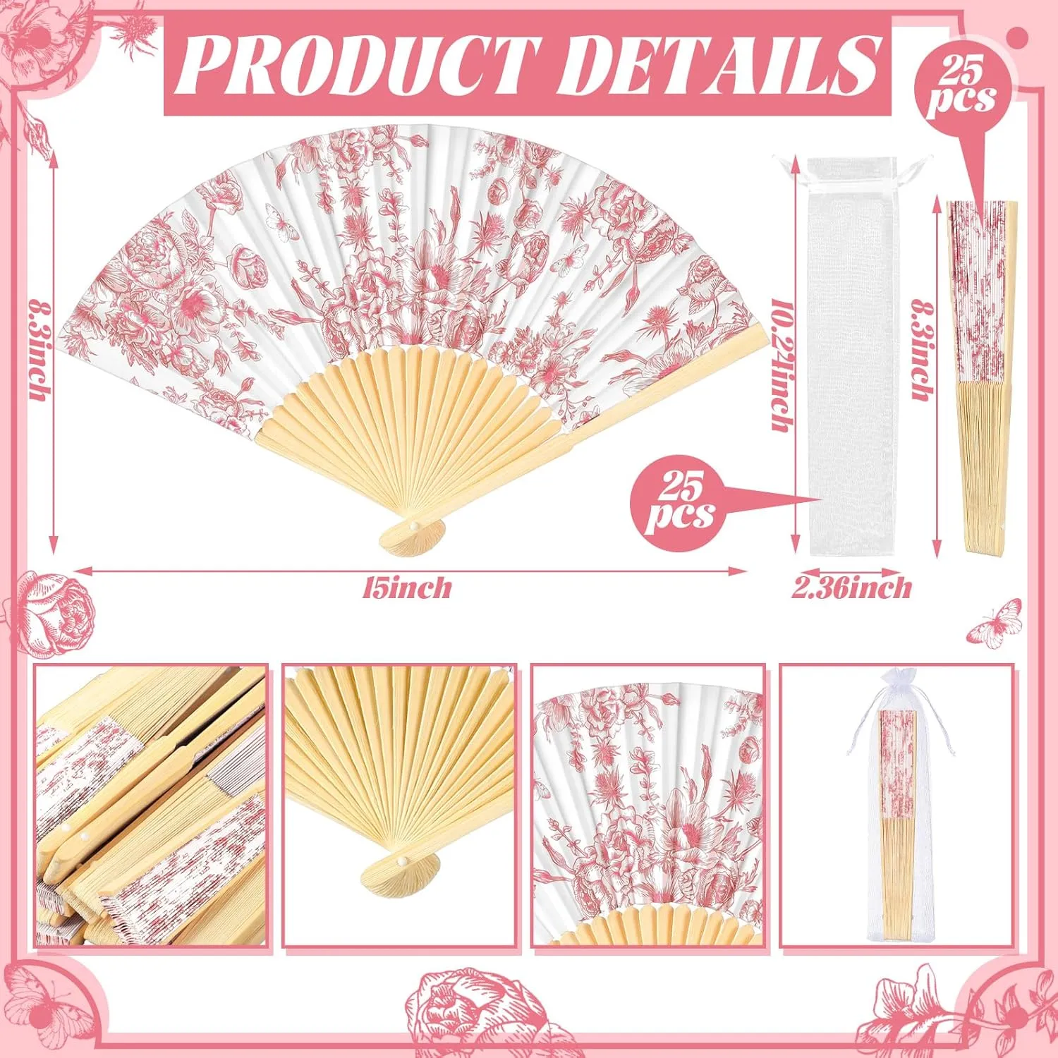 25 Sets Pink Flower Hand Folding Fans with Organza Bags Bulk, Guests Pink Floral Paper Fans Wedding Favors Decorations for Bridal Shower Garden Wedding Bridesmaid Party Gift