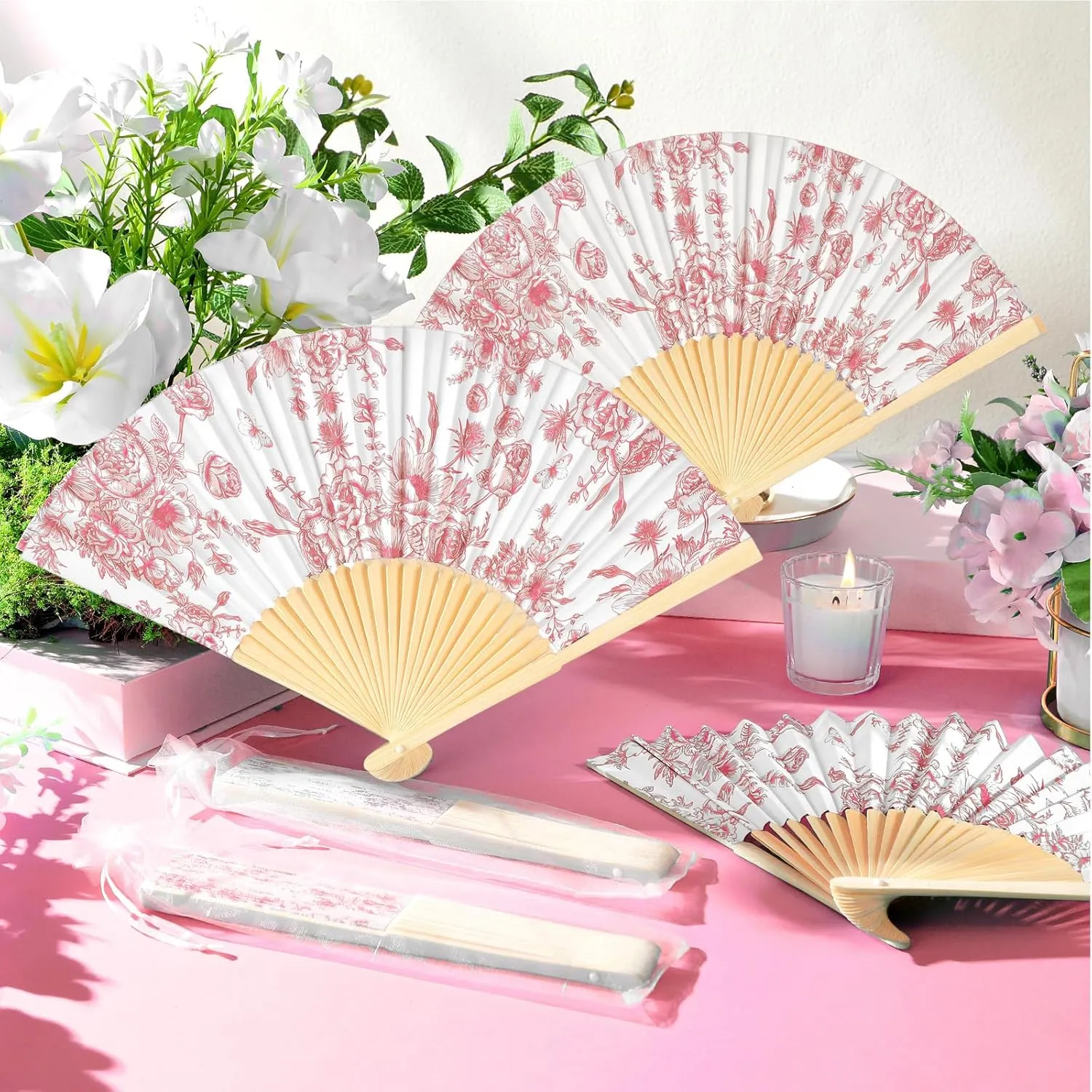 25 Sets Pink Flower Hand Folding Fans with Organza Bags Bulk, Guests Pink Floral Paper Fans Wedding Favors Decorations for Bridal Shower Garden Wedding Bridesmaid Party Gift