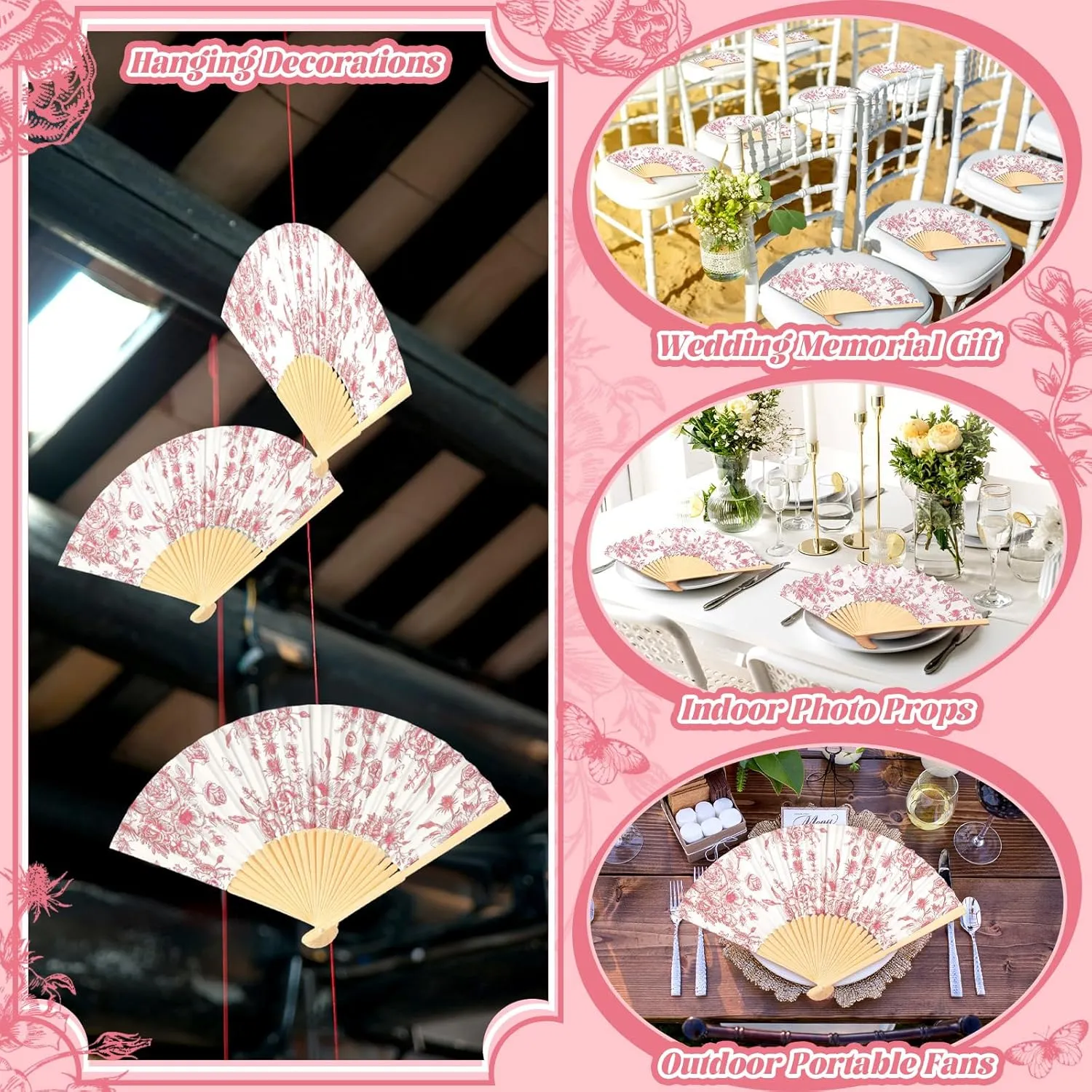 25 Sets Pink Flower Hand Folding Fans with Organza Bags Bulk, Guests Pink Floral Paper Fans Wedding Favors Decorations for Bridal Shower Garden Wedding Bridesmaid Party Gift