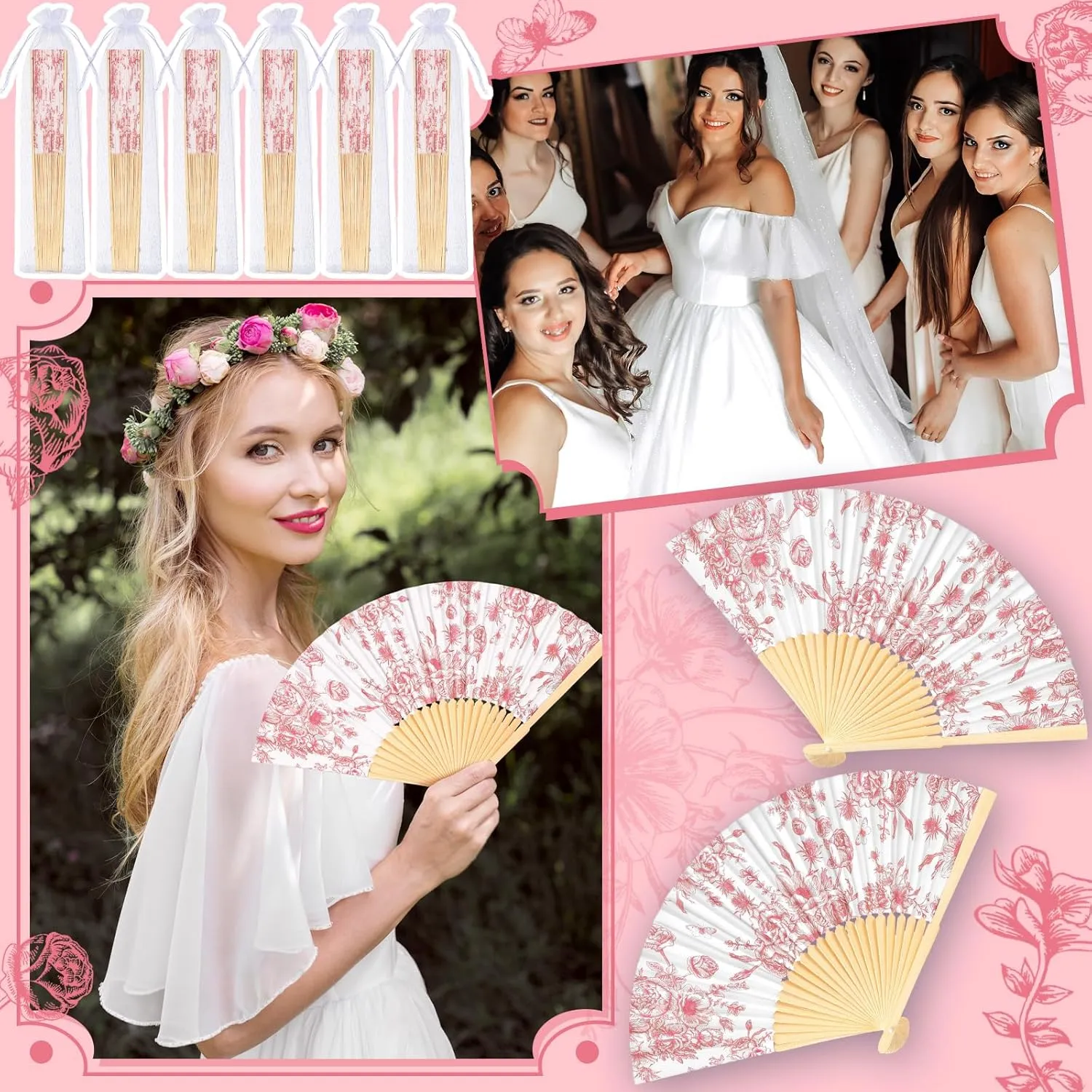 25 Sets Pink Flower Hand Folding Fans with Organza Bags Bulk, Guests Pink Floral Paper Fans Wedding Favors Decorations for Bridal Shower Garden Wedding Bridesmaid Party Gift