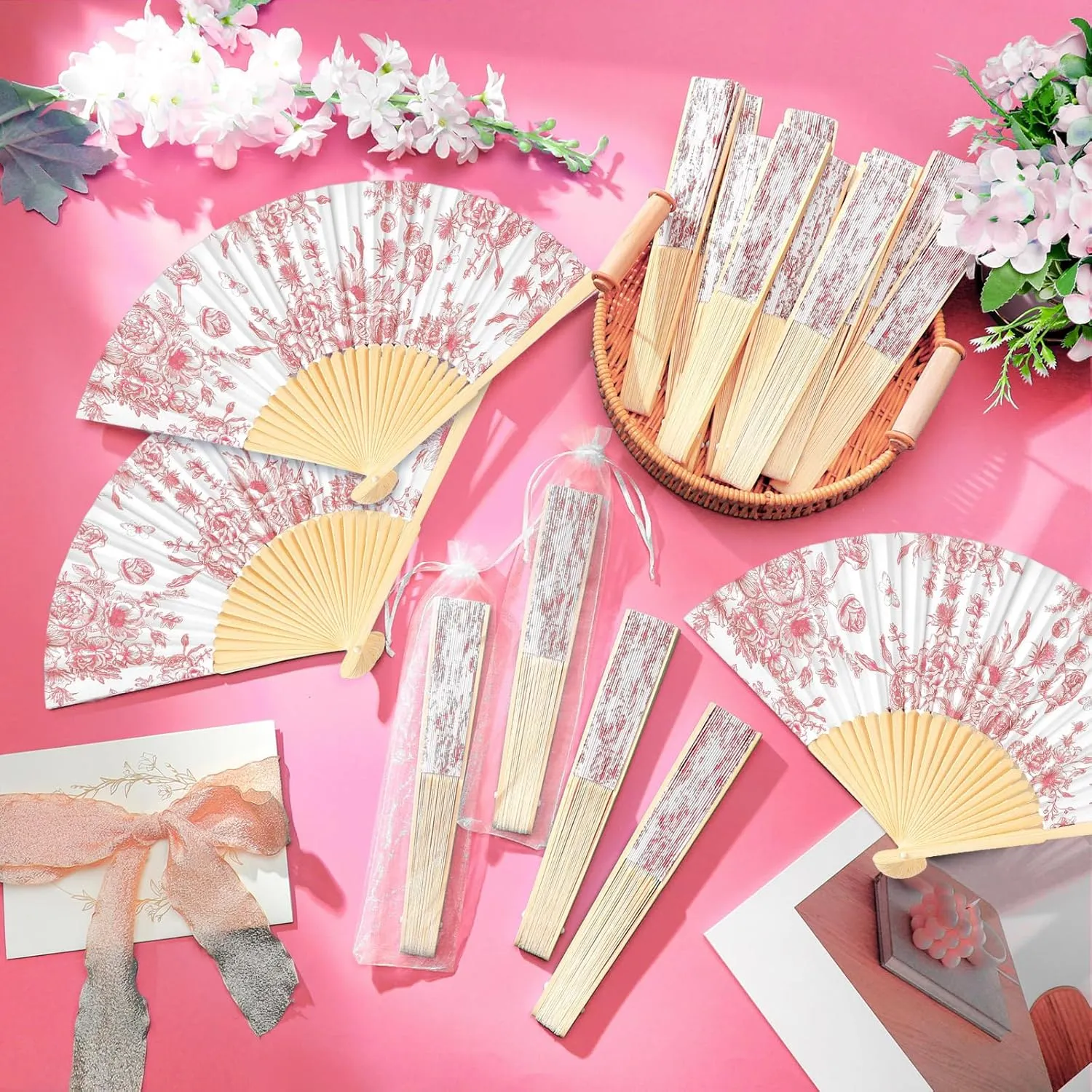 25 Sets Pink Flower Hand Folding Fans with Organza Bags Bulk, Guests Pink Floral Paper Fans Wedding Favors Decorations for Bridal Shower Garden Wedding Bridesmaid Party Gift