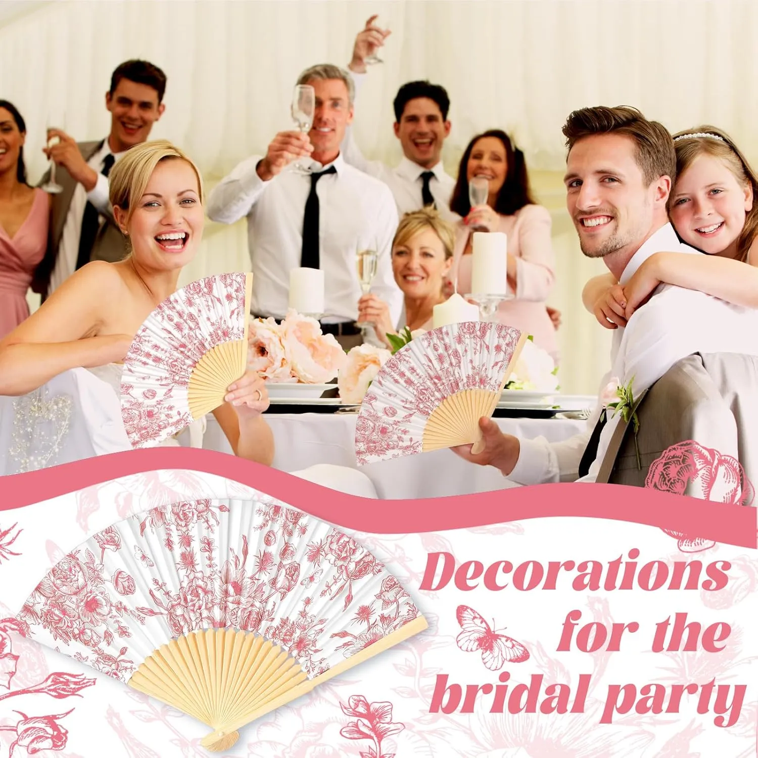 25 Sets Pink Flower Hand Folding Fans with Organza Bags Bulk, Guests Pink Floral Paper Fans Wedding Favors Decorations for Bridal Shower Garden Wedding Bridesmaid Party Gift
