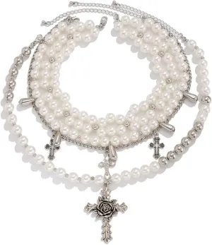 3 PCS Layered Pearl Cross Choker Necklaces for Women Vintage Silver Chunky Gothic Cross Pendant Necklace Y2k Pearl Stacked Chain Choker Statement Necklace Goth Jewelry Accessories for Women