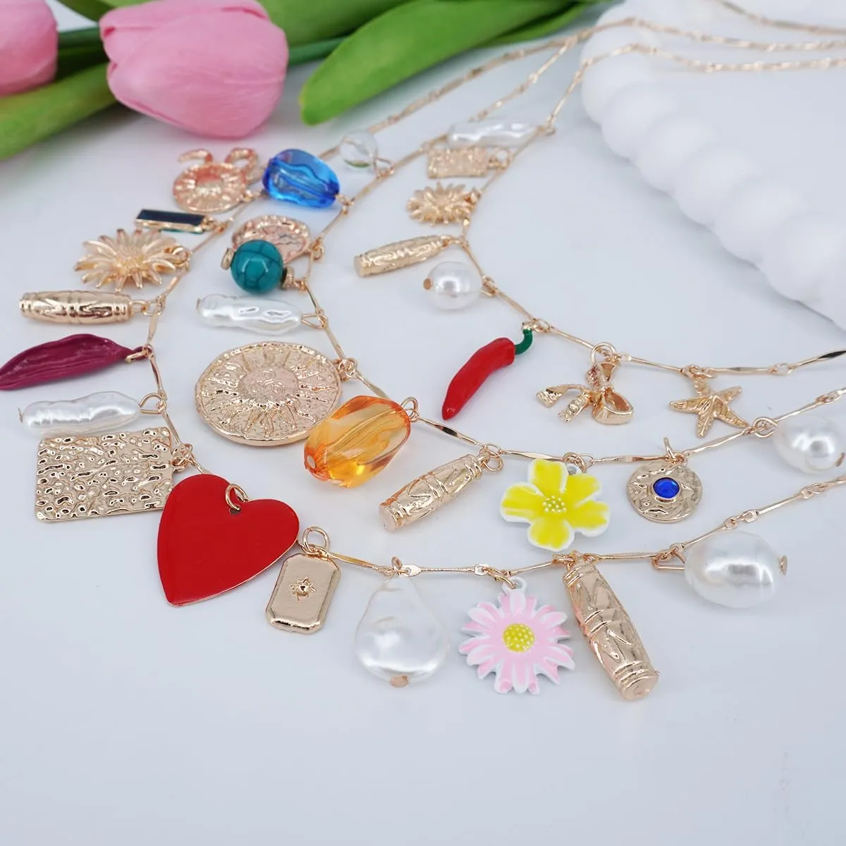 3 Pcs Layered Pendant Necklaces for Women Sea Shell Beach Charm Beaded Choker Necklace for Summer Holiday Party