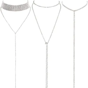 3 Pieces Layered Necklace Rhinestone Layered Double Crystal Fashion Multilayered Long Choker Necklaces Rhinestone Jewelry Choker Chains for Women and Girls