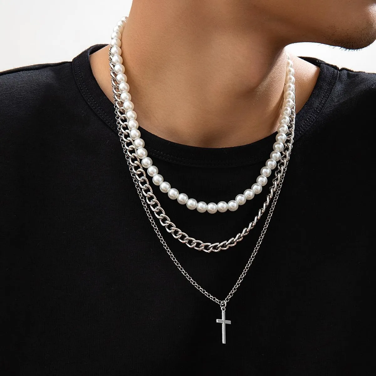 3Pcs Pearl Necklace For Men Layered Cuban Link Cross Necklaces Mens Stainless Steel Chain Faux Pearl Choker Compass Pendant for Men Women Necklace Set