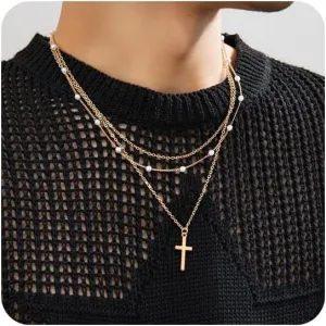3Pcs Pearl Necklace For Men Layered Cuban Link Cross Necklaces Mens Stainless Steel Chain Faux Pearl Choker Compass Pendant for Men Women Necklace Set