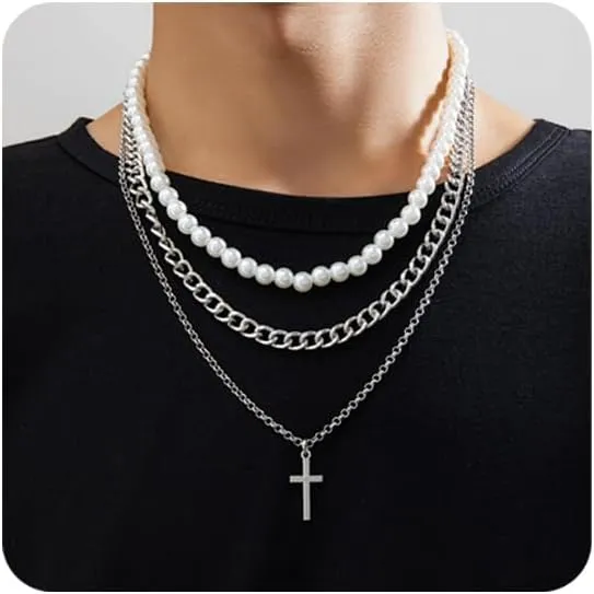 3Pcs Pearl Necklace For Men Layered Cuban Link Cross Necklaces Mens Stainless Steel Chain Faux Pearl Choker Compass Pendant for Men Women Necklace Set