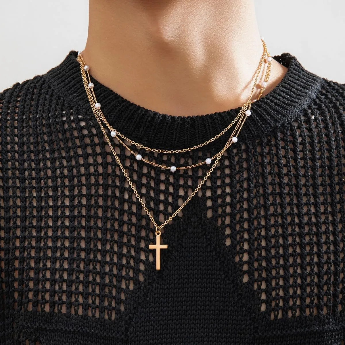 3Pcs Pearl Necklace For Men Layered Cuban Link Cross Necklaces Mens Stainless Steel Chain Faux Pearl Choker Compass Pendant for Men Women Necklace Set
