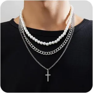 3Pcs Pearl Necklace For Men Layered Cuban Link Cross Necklaces Mens Stainless Steel Chain Faux Pearl Choker Compass Pendant for Men Women Necklace Set