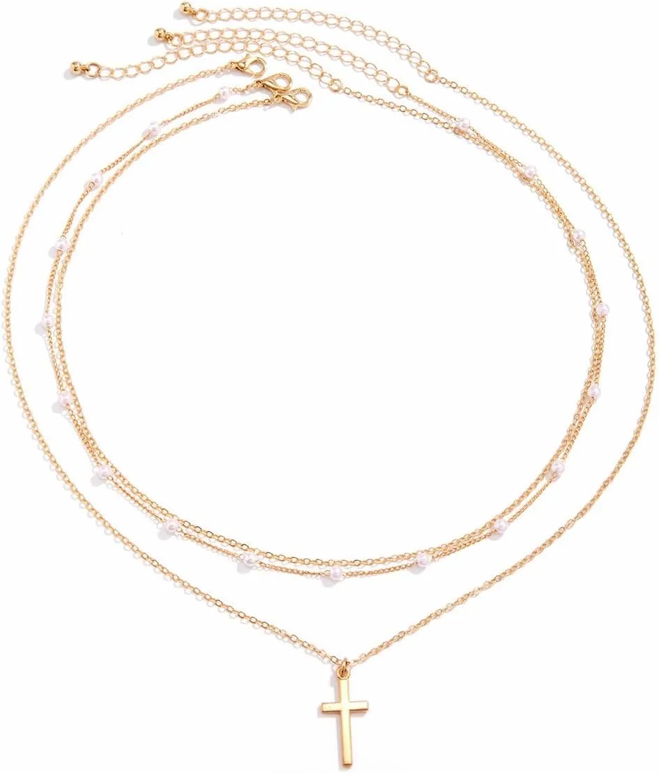 3Pcs Pearl Necklace For Men Layered Cuban Link Cross Necklaces Mens Stainless Steel Chain Faux Pearl Choker Compass Pendant for Men Women Necklace Set