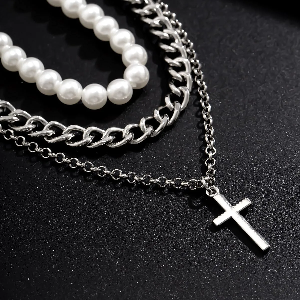 3Pcs Pearl Necklace For Men Layered Cuban Link Cross Necklaces Mens Stainless Steel Chain Faux Pearl Choker Compass Pendant for Men Women Necklace Set