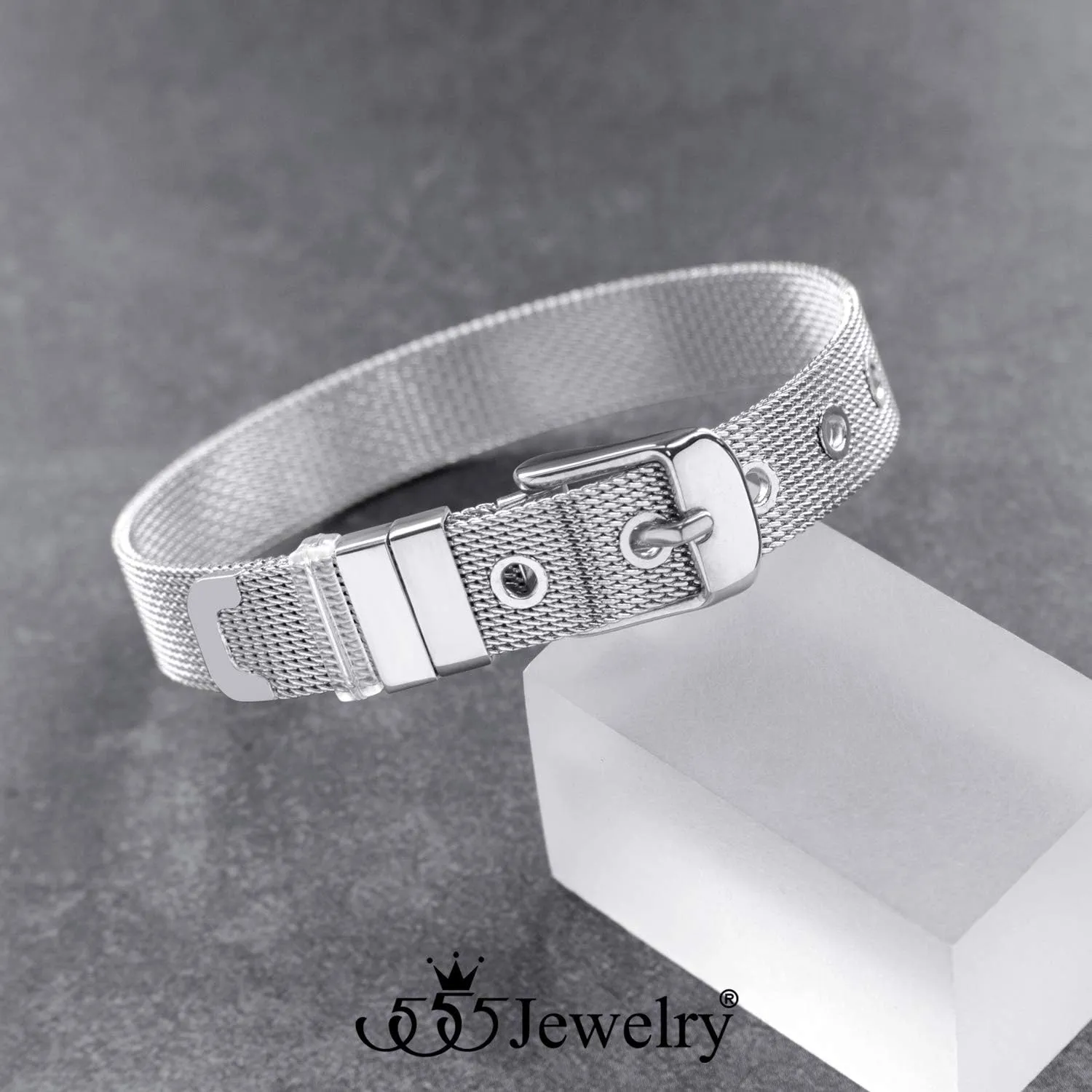 555Jewelry Stainless Steel Adjustable Belt Buckle Mesh Bangle Bracelet for Women