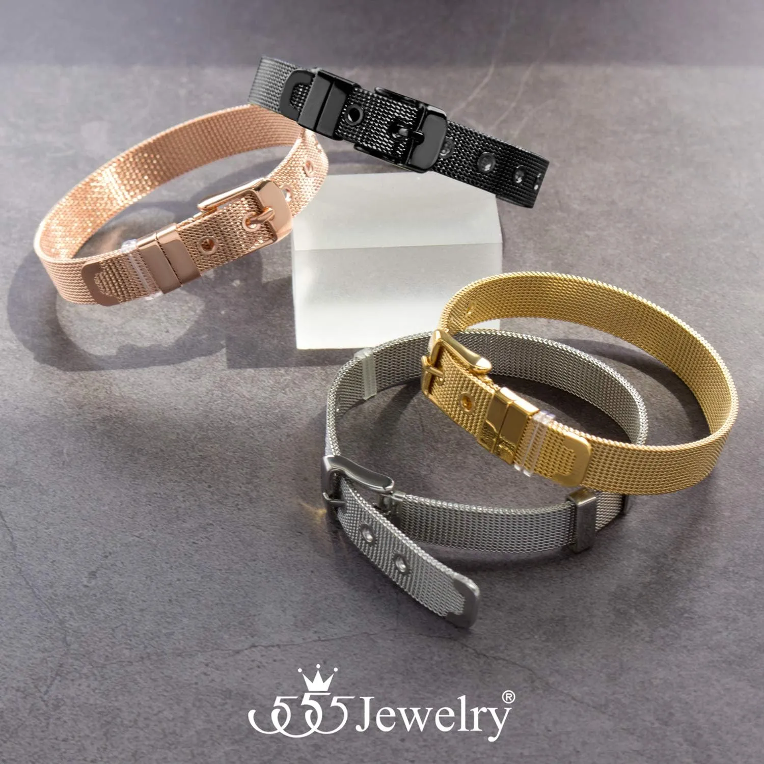 555Jewelry Stainless Steel Adjustable Belt Buckle Mesh Bangle Bracelet for Women