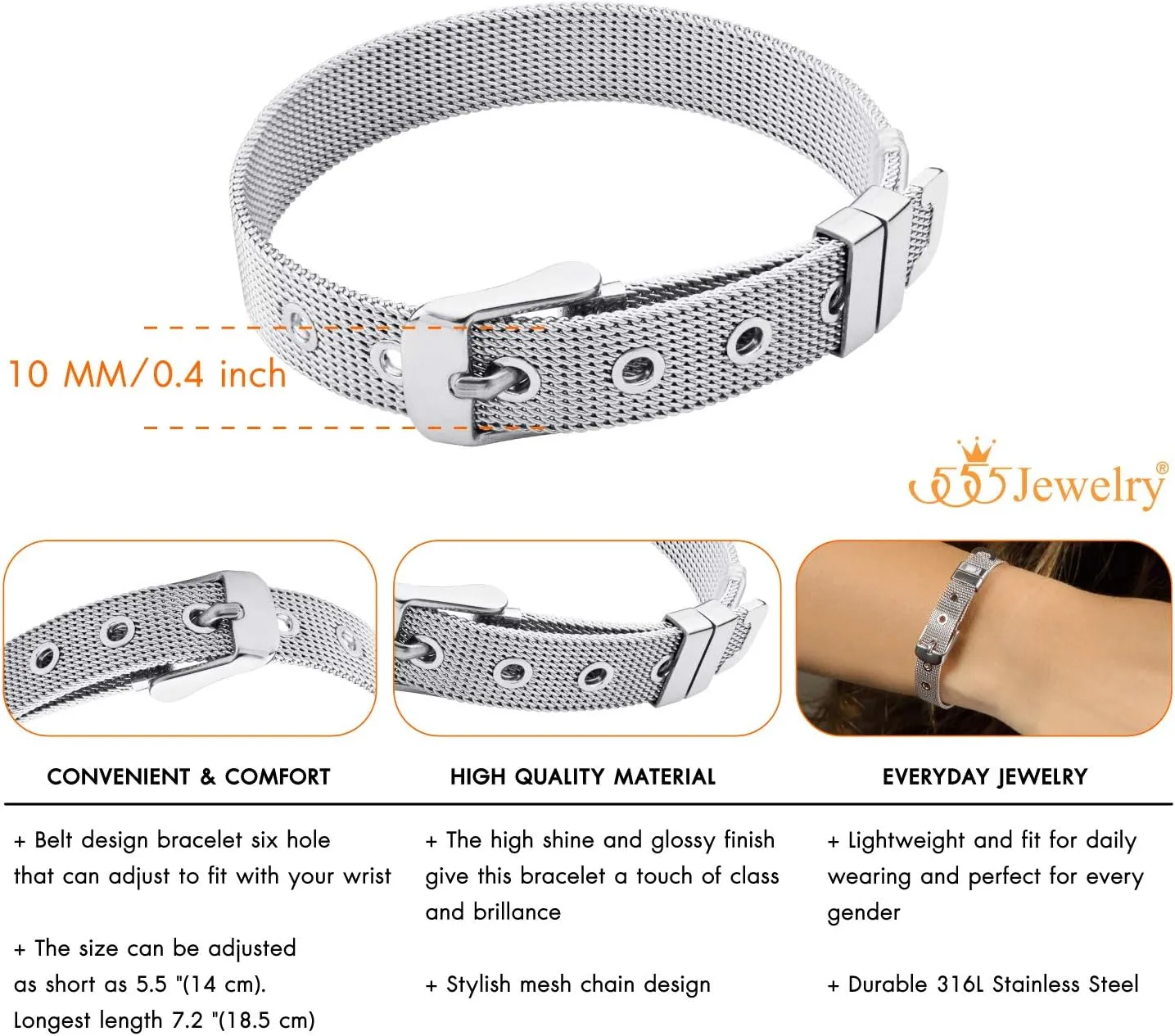 555Jewelry Stainless Steel Adjustable Belt Buckle Mesh Bangle Bracelet for Women
