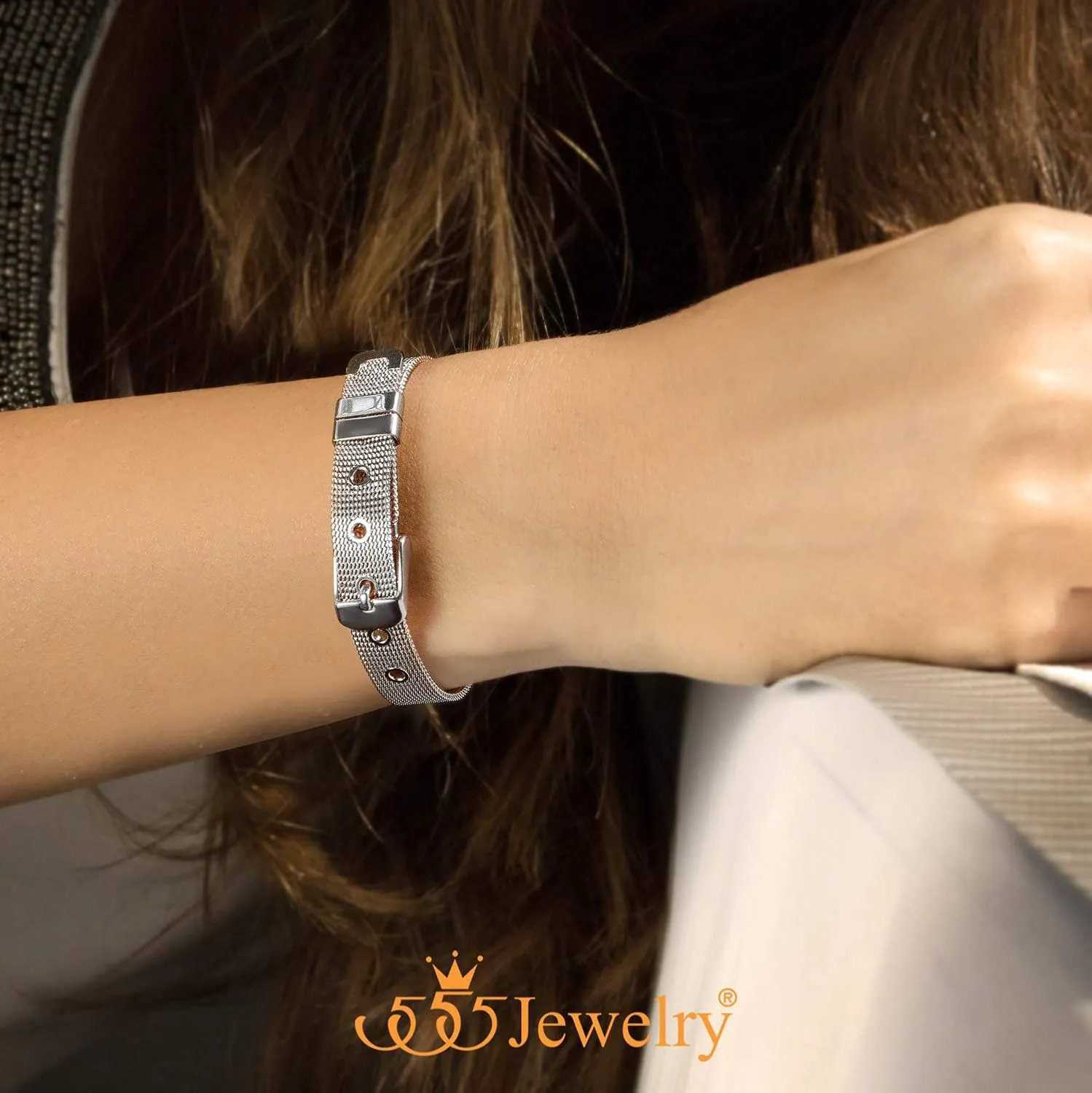555Jewelry Stainless Steel Adjustable Belt Buckle Mesh Bangle Bracelet for Women