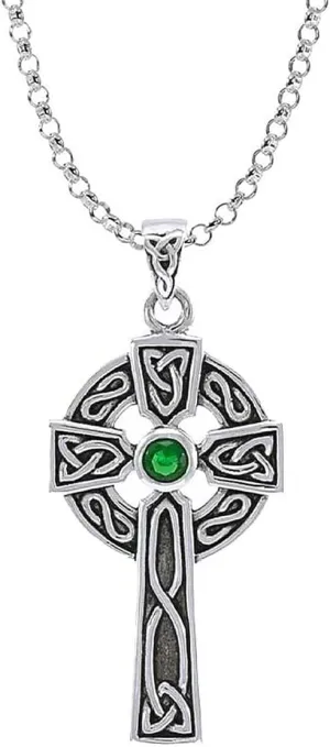925 Sterling Silver Celtic Cross Necklace with Emerald Glass Gemstone Pendant Green Crystal Accent Jewelry for Women 18"